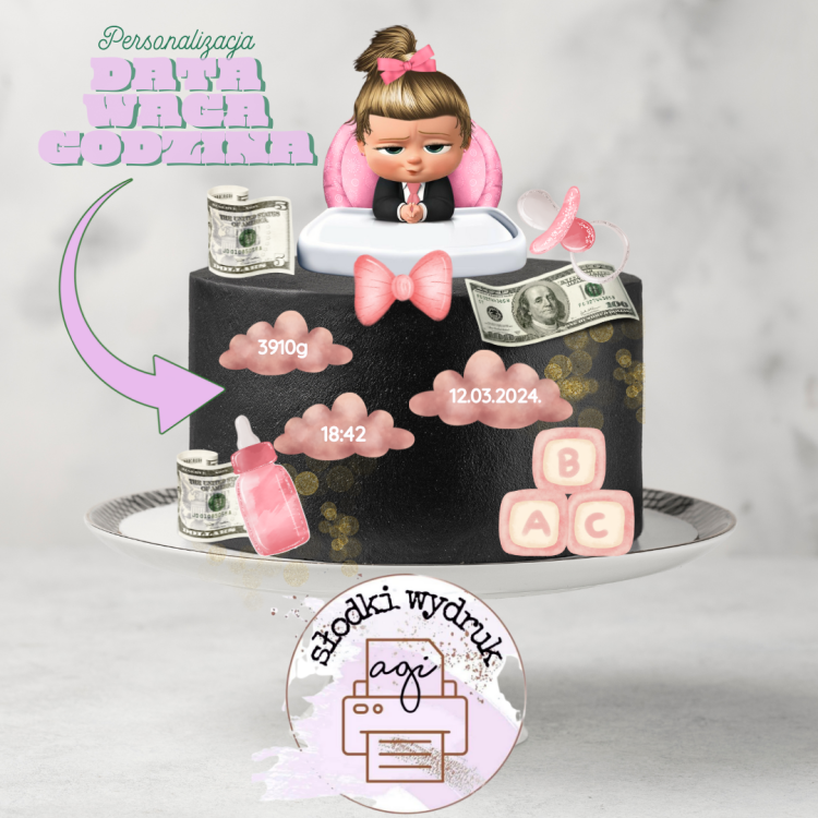 wydruk cukrowy a4 przykładowa wizualizacja na torcie baby boss girl pink tort dla dziewczynki