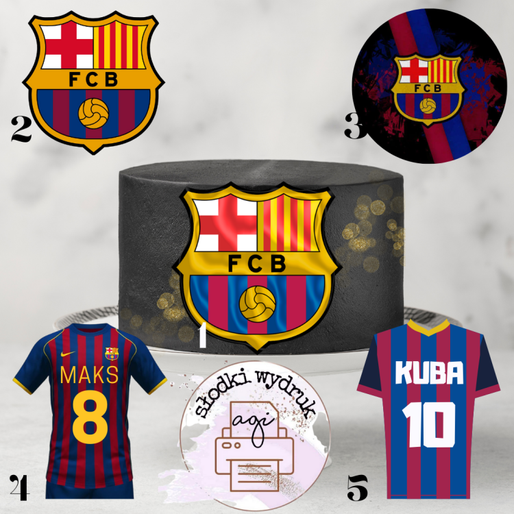 wizualizacja na torcie wydruku cukrowego 14 cm wysokości fc barcelona logo koszulka